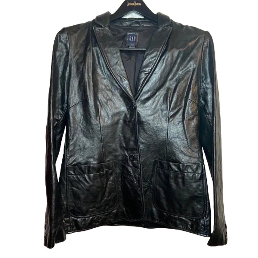 Gap Women’s Leather Black Jacket Large With Pockets Blazer vtg 90s